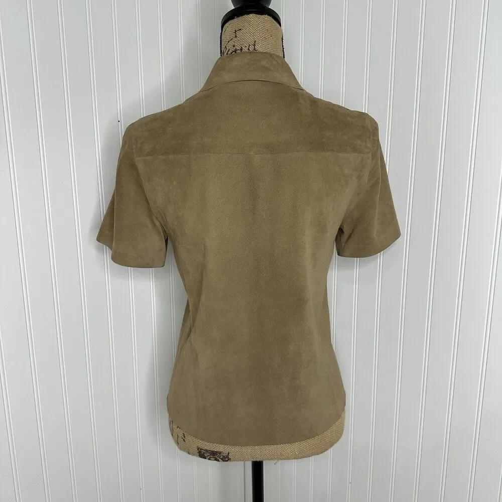 Michael Kors Brown Suede Top Sz S? Pearl‎ Snap Short Sleeve Italy Quiet Luxury